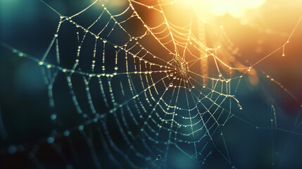 Old spider web with water drops in sunlight