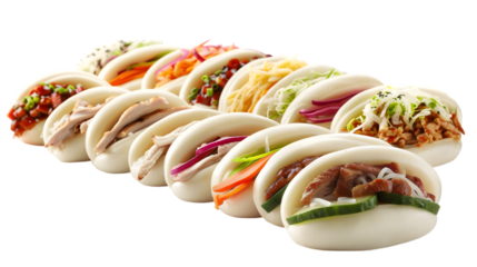  A collection of pork, chicken, and veggie bao buns arranged in an appealing manner on a transparent background 