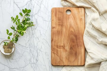 Wood cutting board with linen napkin and plant