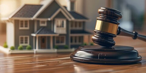Golden Gavel on Wooden Table in Front of Model House