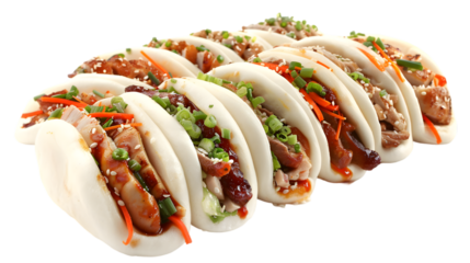  A collection of pork, chicken, and veggie bao buns arranged in an appealing manner on a transparent background 