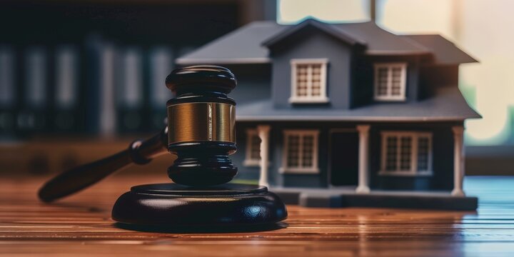 Gavel on Wooden Table in Front of Model House