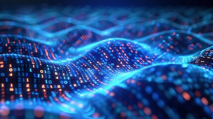 Binary code cascading over neon blue waves, techno abstract background, concept of encrypted data