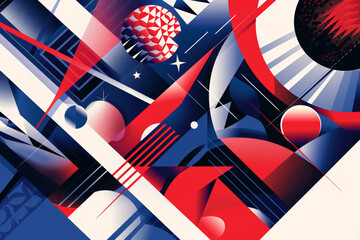 Abstract geometric background. Different geometric figures, shapes, lines in navy blue, red and white colors