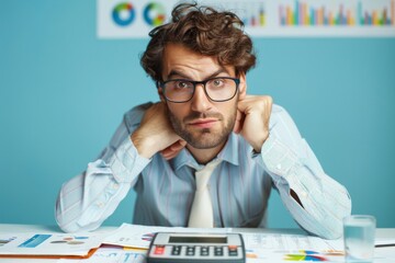 Man in glasses with a puzzled expression looking over paperwork and a calculator