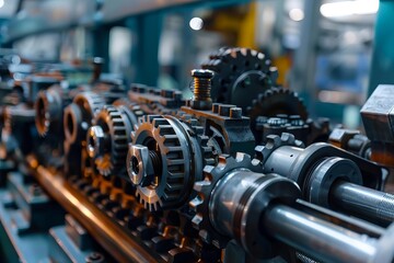 Close-up of industrial machinery gears in a factory setting, showcasing mechanical engineering and industrial automation in manufacturing.