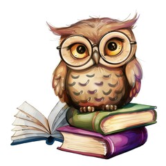 Cute cartoon owl with glasses sitting on colorful books, symbolizing wisdom and knowledge