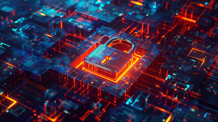 A cybersecurity background featuring a digital padlock in the center, surrounded by firewalls and encrypted codes.