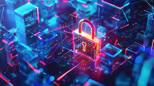 A cybersecurity background featuring a digital padlock in the center, surrounded by firewalls and encrypted codes.