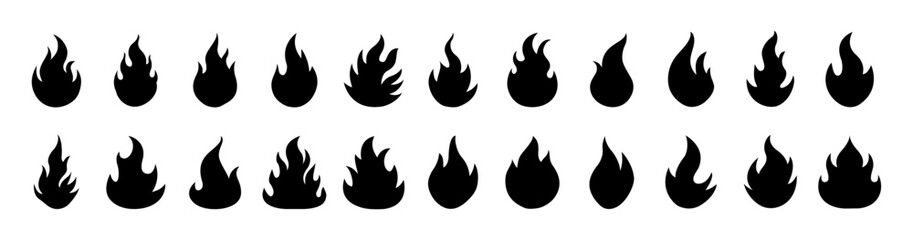 Silhouette Fire Icons Collection. Fire Flame Symbol Flat Style Vector Illustration. Campfire Bonfire Danger Heat Warm Sign Design Element. Fire Icon Set
