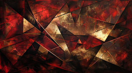 A dark background with a mix of geometric shapes in shades of dark red and gold. 
