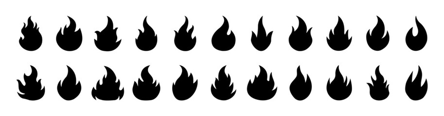 Silhouette Fire Icons Collection. Fire Flame Symbol Flat Style Vector Illustration. Campfire Bonfire Danger Heat Warm Sign Design Element. Fire Icon Set