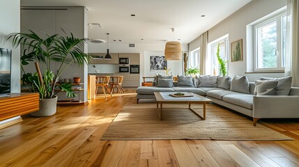 Crop interior design of minimal living room with laminated floor and white walls leading to dining zone while furnished with comfortable sofa center table carpet and wooden cupboard with potted plants