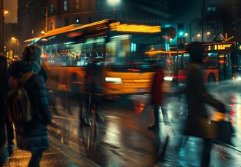 Nighttime Cityscape: Blurred Bus and Pedestrians on Rainy Street