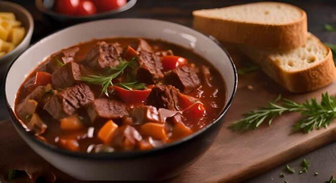 The beef goulash is delicious and served in a bowl with bread