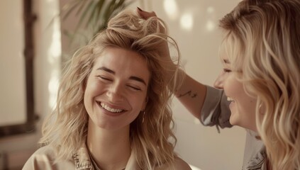 Fototapeta premium Happy Girl with Blonde Hair, Smiling and Laughing, Receiving a Hairdo in a Home Setting