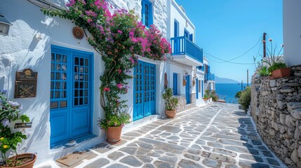 A Sunny Day in a Greek Village With Vibrant Blue Doors and Lush Pink Flowers. Generative AI