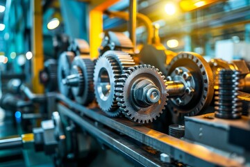 Fototapeta premium Industrial gears and pistons in motion, abstract industrial background, concept of mechanical energy