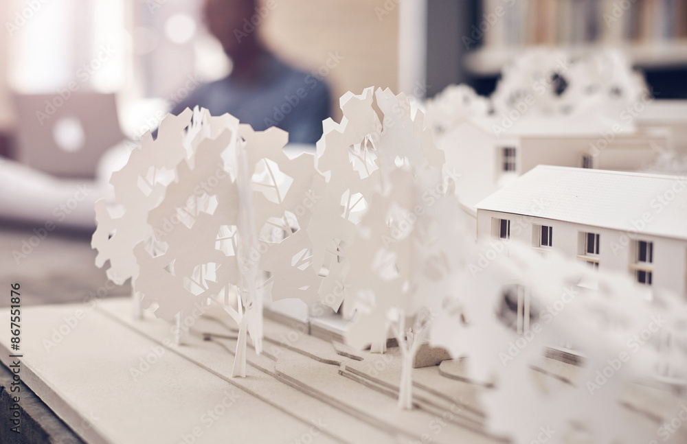 Poster Architecture model, table and scale for project with real estate development, startup and urban planning in office. 3d prototype, property design and idea for building, person and infrastructure