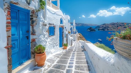 Obraz premium A Sunny Day Stroll Through the Blue Doorway of a Greek Island Village. Generative AI