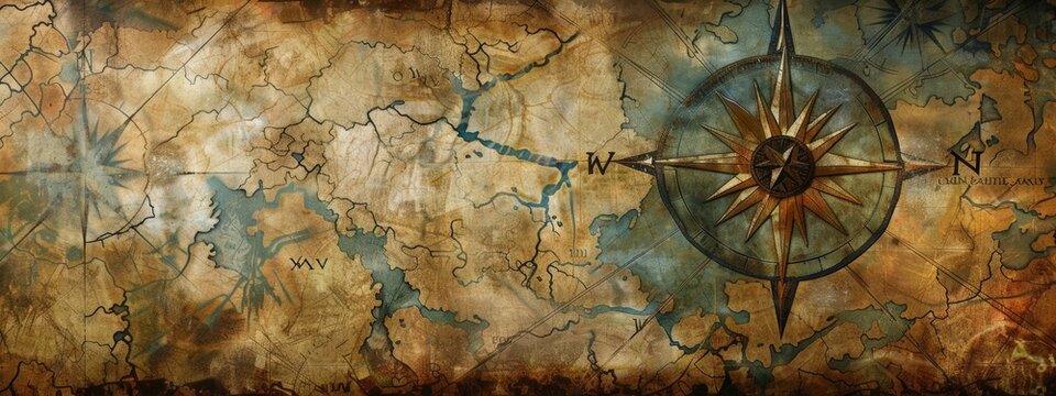 Vintage Explorer's Compass on Antique Map Background