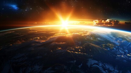 Astronomical Sunrise: Glowing Solar Rays Illuminating Earth from Above