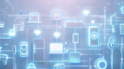 IT background featuring interconnected smart devices such as home appliances, wearables, and sensors.