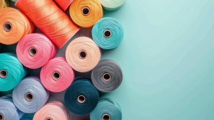 Set of colorful spools of thread close up