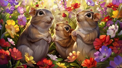 Fototapeta premium Gerbil Sits Serene Amidst Vibrant Garden Scenery