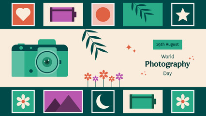 World Photography Day vector design with sun, moon, a camera, a heart, photos, camera rolls, flowers, stars, and leaves. Vector background for celebrations.