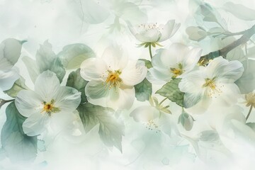 Soft Focus White Flowers with Green Leaves on a Blurred Background