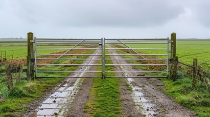 Fototapeta premium A gate is open in a field with a cloudy sky in the background