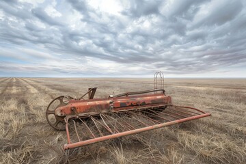 Fototapeta premium An old, rusted tractor sits in a field