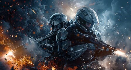 Futuristic Soldiers in Action: High-Tech Armor and Advanced Weaponry Amidst Explosive Chaos