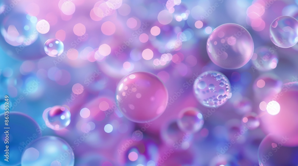 Poster an ethereal abstract backdrop featuring gentle bokeh bubbles in pink and blue pastel tones with a so