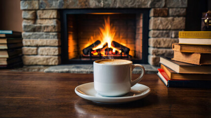 Coffee cup and coffee beans roating on the wooden table and the coffee shop background with copy space
