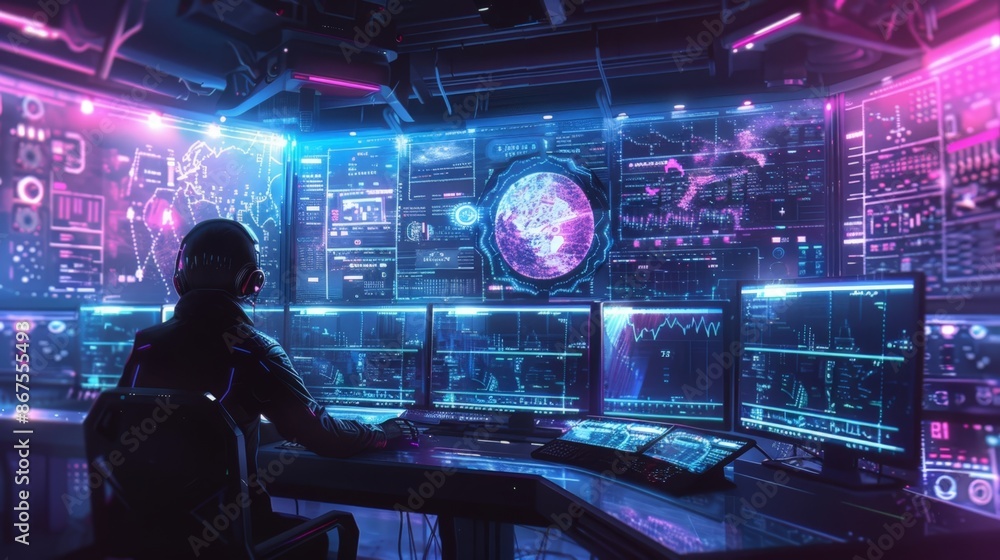 Poster high-tech control room with multiple monitors and a seated operator