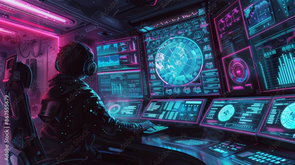 Poster futuristic control room: cybersecurity analyst monitoring multiple screens