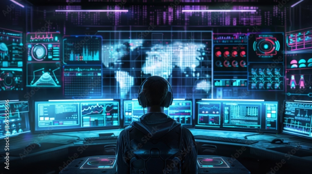 Poster cybersecurity analyst in control center monitoring global networks