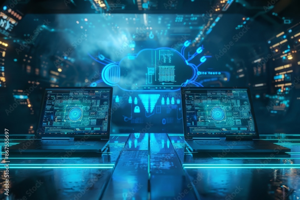 Poster high-tech workspace with two laptops and glowing digital interface