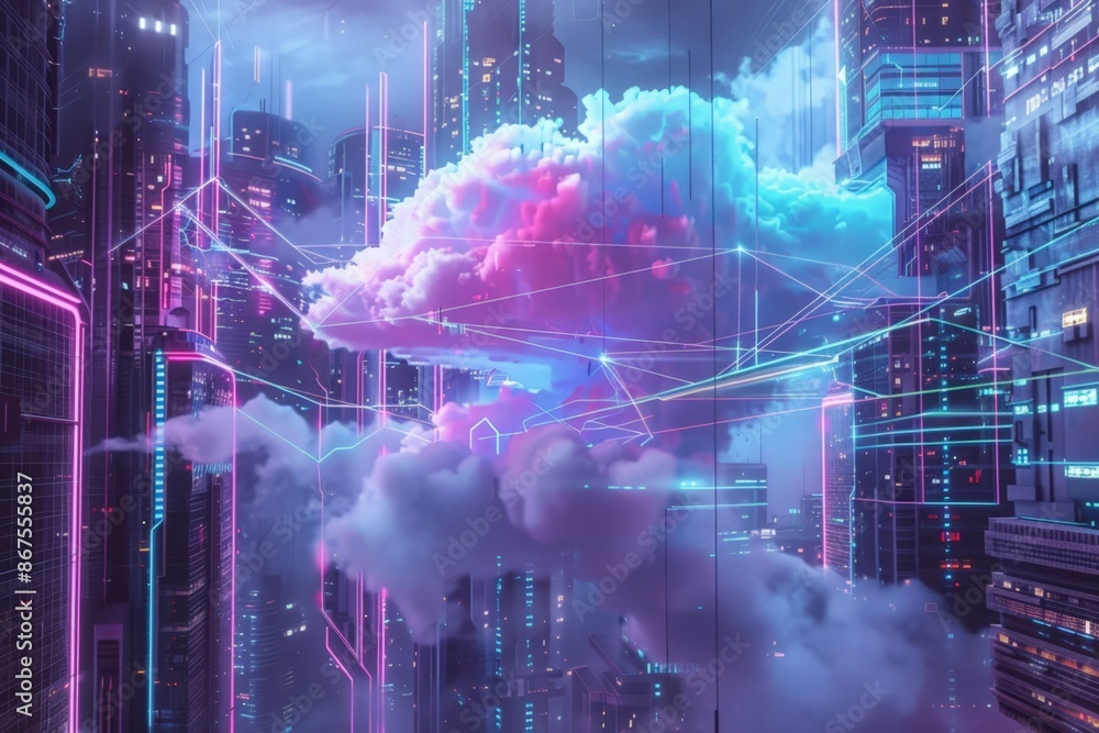 Poster neon cityscape with floating clouds and digital lines
