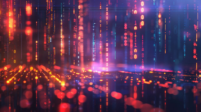 A dynamic digital background with a cascade of glowing binary code falling like rain. 