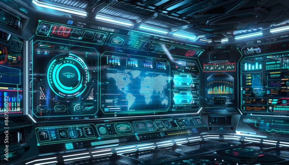 Aufkleber futuristic command center with glowing holographic maps and control panels