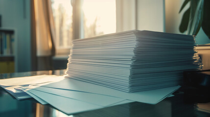 Obraz premium Stack of documents on office desk, morning sunlight