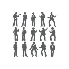 Silhouettes of three retro dancing man, funk, soul and disco music - 60s, 70s style, Posing disco dancers isolated on white background. Hetero couple in party 1970s style clothing.