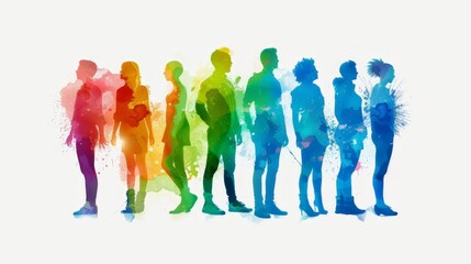 Vibrant Rainbow Silhouettes of People in Line, Celebrating Diversity and Unity