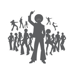 Silhouettes of three retro dancing man, funk, soul and disco music - 60s, 70s style, Posing disco dancers isolated on white background. Hetero couple in party 1970s style clothing.
