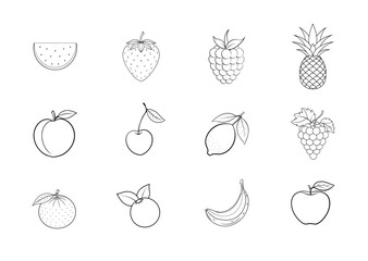 Fruits line art illustrations set. Fruits outline icons. Healthy vegan food concept