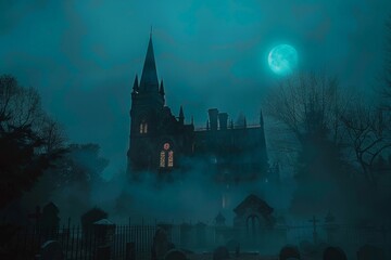 Gothic Cathedral at Night with Full Moon and Foggy Graveyard