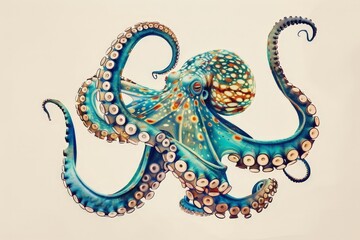 Obraz premium Vibrant Blue Octopus with Orange Spots, Curled in a Mesmerizing Display of Cephalopod Grace
